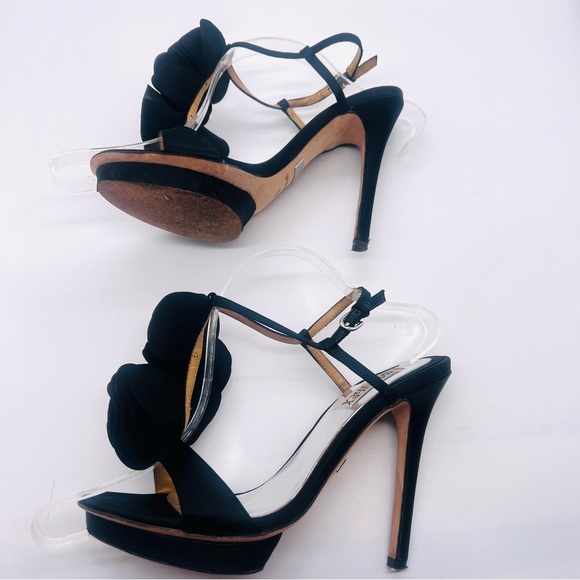 BADGLEY MISCHKA Black Satin Floral Platform Heels Size 7.5 - Picture 5 of 14
